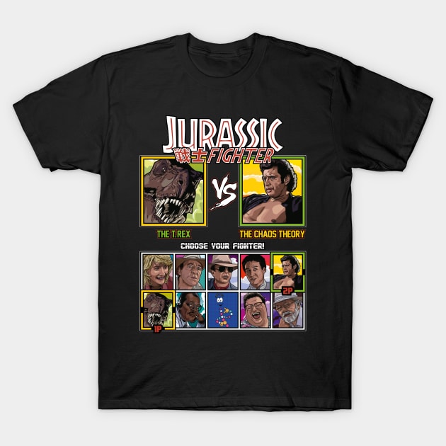 Jurassic Park Fighter - T.Rex vs Ian Malcolm T-Shirt by RetroReview